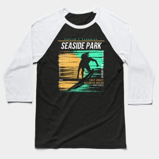 Retro Surfing Seaside Park, New Jersey // Vintage Surfer Beach // Surfer's Paradise Baseball T-Shirt